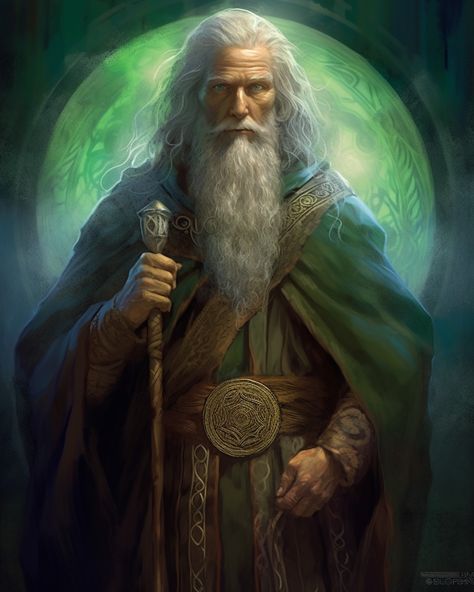 "The Watchful Wizard: A Celtic Mage Whose Vigilant Presence Guards Against the Forces of Darkness." Merlin The Wizard, Green Wizard, Magical Beings, Troll Hunters, Green Dragon, Dress Hairstyles, Kung Fu Panda, Character Ideas, Green Man