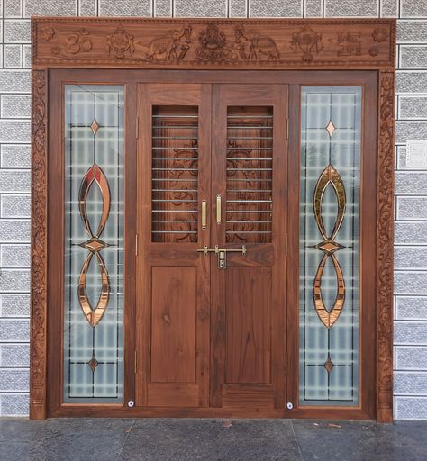 Main Double Door Glass Design Entrance, Door Glass Design Entrance, Main Door Glass Design Entrance, Wardrobe Mirror Design, Wardrobe Mirror, Entry Door Designs, Window Glass Design, Main Doors, Door And Window Design