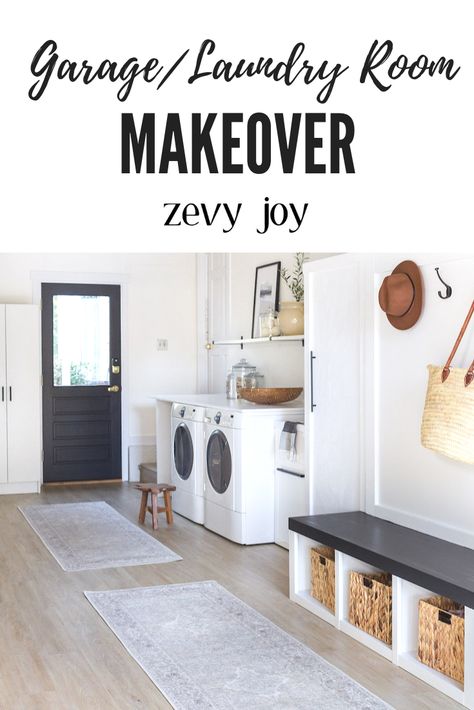 Garage & Laundry Room Makeover | Zevy Joy | Stuck with a crowded cluttered garage? See how we transformed our small garage in to a beautiful modern farmhouse laundry room with new vinyl flooring, beautiful lighting, and lots of easy organization storage options for a space saving mudroom! #laundryroom #garageorganization Mud Room Ideas 2023, Move Laundry Room To Garage, Garage Converted To Laundry Room, Moving Laundry Room To Garage, Garage To Laundry Room Conversion, Enclosed Garage Ideas, Laundry In Garage Ideas, Garage Converted To Mudroom, Laundry In Garage