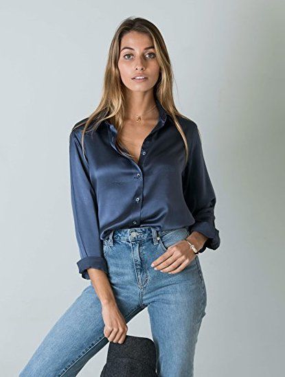 Loosely Tucked Blouses Silk Top Outfit, Silk Blouse Outfit, Silk Shirt Outfit, Satin Blouse Outfit, White Satin Blouse, Blouse Outfit Casual, Blue Shirt Women, Satin Shirts, Satin Button Up