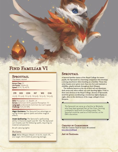 Sproutail | Find Familiar Option | Gamingbrew on Patreon Homebrew Familiar Dnd, Dnd Beast Companion, Fey Animals Dnd, Dnd 5e Homebrew Pets, Familiar Dnd 5e, D D Homebrew Monsters, Dnd 5e Pets, Dnd Familiar Homebrew, Dnd Familiar Ideas