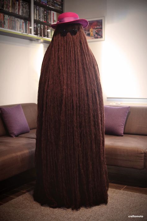 Cousin Itt costume Cousin It Decoration Diy, Cousin It Dog Costume Diy, Diy Cousin It Costume, Cousin Itt Diy Costume, Diy Cousin It Prop, Cousin It Costume, Cousin It Diy, It Costume, Mario Kart Costumes