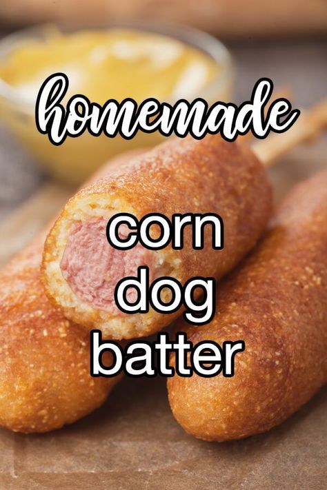 Corn Dog Batter - Easily make corn dogs at home with this batter. Or, if you've never been a fan of on-a-stick corn dogs, get creative and toss them in a bun with spicy mustard or your other favorite toppings. | CDKitchen.com Sourdough Corndog Batter, Corn Dog Batter Recipe, Homemade Corndogs Baked, Corndog Batter Recipe, Corn Dogs Homemade, Corndog Batter, Best Corn Dog Batter, Corn Dog Batter, Homemade Corn Dogs