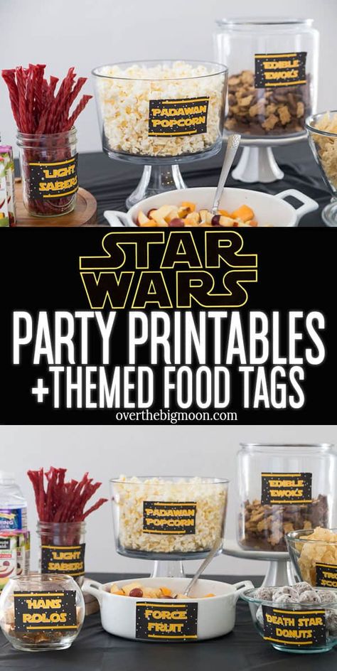 These Star Wars Party Printable Food Tags will help you take your Star Was Party or May the 4th Be With You Party to the next level! I'm offering over two dozen food tags, plus some blanks one for you to create your own! Just download, print at home and you're ready to party!! From overthebigmoon.com #starwars #starwarsparty #maythefourthbewithyou #starwarsrecipes #starwarsfoodpuns #foodpuns Star Wars Day Food Ideas, First Birthday Star Wars Cake, Star Wars Party Ideas For Adults, Grogu Food, Star Wars Day Food, Star Wars Food Labels, Star Wars Gender Reveal, Star Wars Cake Ideas, Star Wars Centerpiece