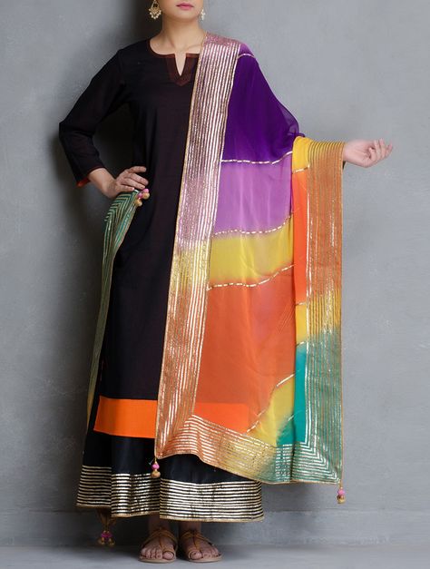 Multicolor Leheriya Gota Patti Chiffon Dupatta with Tassels on Jaypore.com Pakistani Actress Dresses, Duppattas Designs Ideas, Actress Dress, Dress Design Ideas, Party Wear Frocks, Embroidery Suits Punjabi, Designer Punjabi Suits, Gotta Patti, Indian Designer Suits