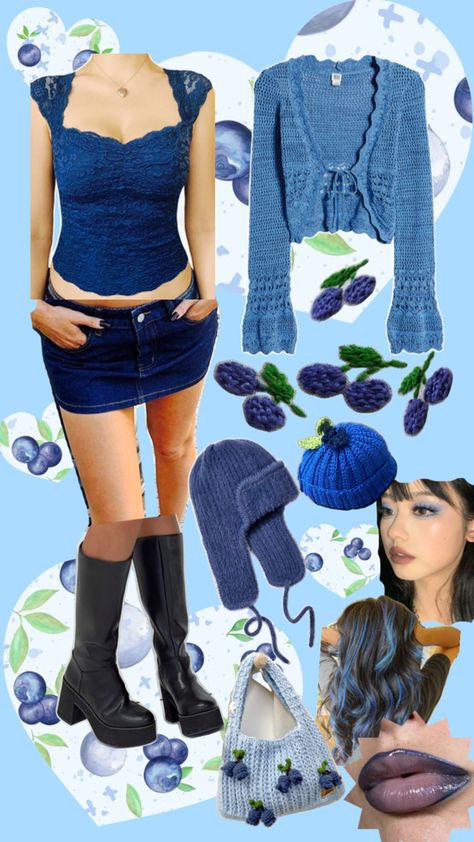 Halloween costume idea Jean Skirt Halloween Costume, Blue Wig Costume Ideas, Denim Halloween Costume, 2000 Halloween Costumes, Blue Wig Costume, Blueberry Costume, Blueberry Muffin Costume, Blue Halloween Costume, Iconic Costumes