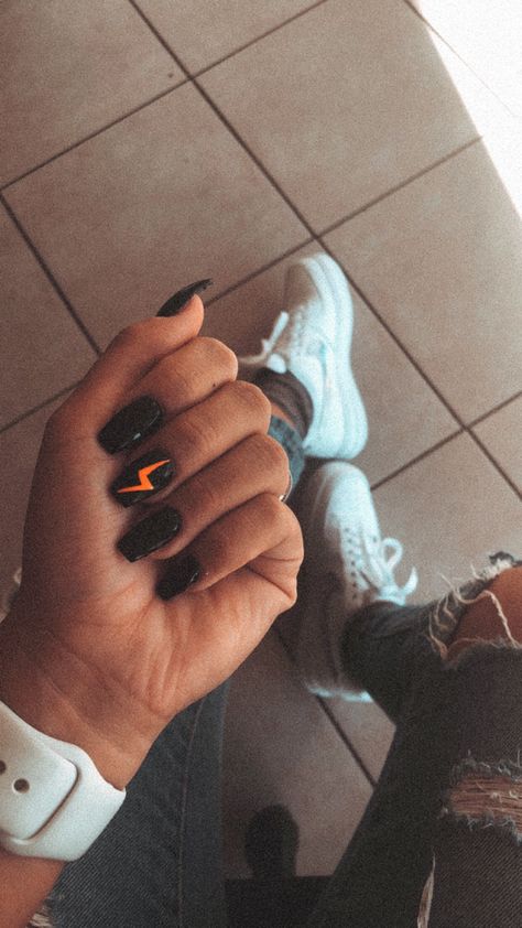 Lighting Bolt Nail Art, Black Nails With Orange, Western Halloween Nails, Coffin Shaped Acrylic Nails, Nails With Orange, Lightning Bolt Nails, Lightning Nails, Orange Lightning, Country Acrylic Nails