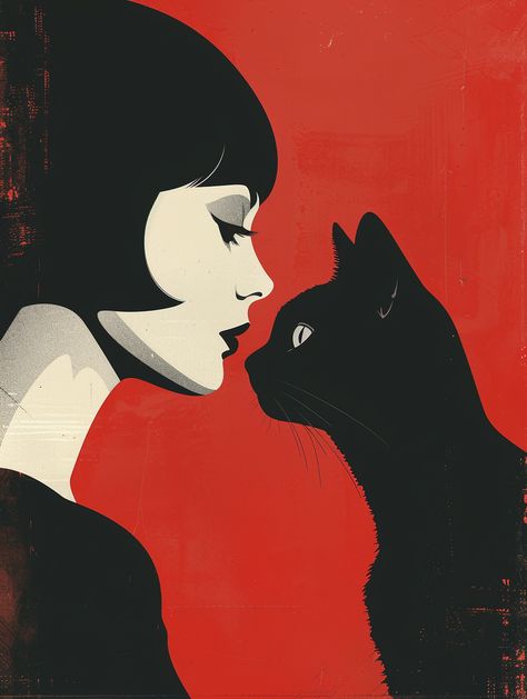 #RetroPoster #Minimalist #BlackCat #WomanWithShortHair #RedColorDetails #GeometricShapes #3:4AspectRatio #TheCandie Cat Art Minimalist, Cat And Woman Art, Trafard Print Ideas, Poster Color Illustration, Cat Profile Illustration, Cat Woman And Black Cat, Black Cat Art Cute, Red And Black Drawings, Black Cat Art Illustration