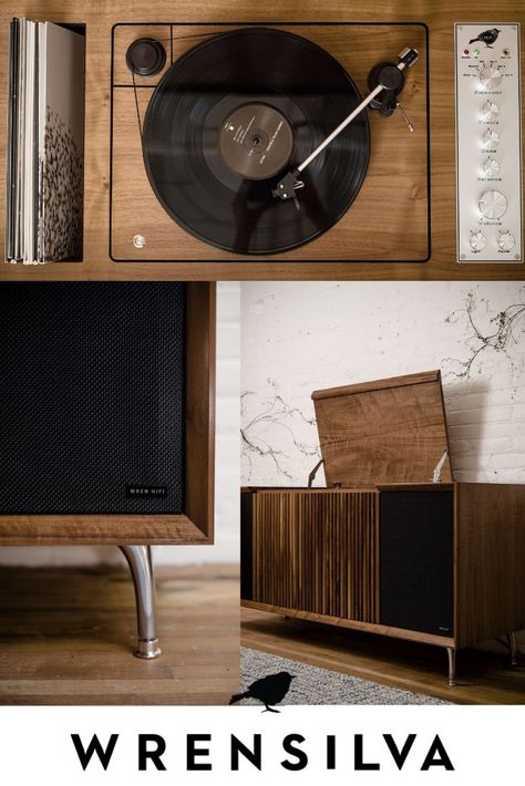 This high-end stereo console is the luxury furniture piece your living room has always been missing. These modern record consoles have the vintage record console look with a modern day Hi-Fi stereo system. Explore more at wrensilva.com  #stereosystemhome #stereosystemaudiophile #stereosystemvintage #stereosystemmodern #highendstereosystem #stereosystemvinylrecords #stereosystemcabinet #stereosystemretro #luxuryfurniturelivingroom #luxuryfurnituremodern #luxuryfurnituredesign #luxuryfurniture Stereo System Living Room, Tv Interior Design, Interior Design Business Cards, Sound Aesthetic, Modern Record Console, Interior Design Certification, Tv Interior, Record Player Console, Record Console