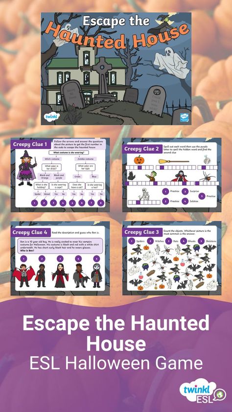 Halloween escape room game for ESL students Halloween Esl Games, Esl Halloween Activities, Free Halloween Escape Room For Kids, Halloween Esl Activities, Halloween Esl, Halloween Escape Room, Halloween Board Game, Halloween Teaching, Detective Game