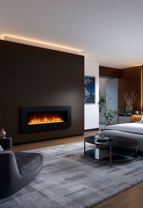 Bedroom with Fireplace Primary Bedroom Fireplace Ideas, Electric Fireplace Master Bed, Modern Bedroom Fireplace, Bedroom With Fireplace Ideas, Bedrooms With Fireplaces, Stylish Fireplace, Bedroom With Fireplace, Elegant Bedrooms, Fireplace Inspiration