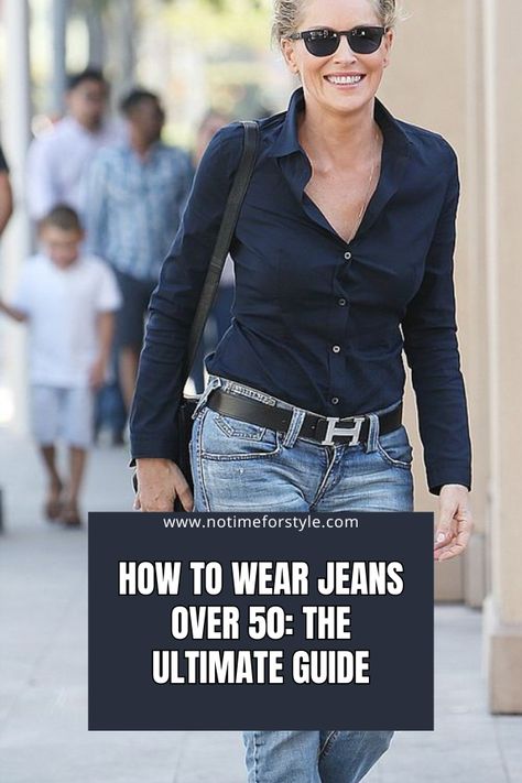 How To Wear Jeans Over 50: The Ultimate Guide — No Time For Style Jeans And Navy Top Outfit, Edgy Over 50 Style, Drinks Outfit Evening, 50’s Outfits, Navy Top Outfit, Blue Jeans Outfit Winter, Jeans Over 50, Jeans For Women Over 50, Dressy Jeans Outfit