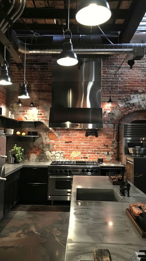 Chic kitchen with exposed brick walls, stainless steel appliances, marble countertop, and industrial pendant lighting. Kitchen With Exposed Brick, Exposed Brick Kitchen, Kitchen Brick, Sophisticated Kitchen, Brick Kitchen, Exposed Brick Walls, Marble Countertop, Brick Walls, Steel Appliances