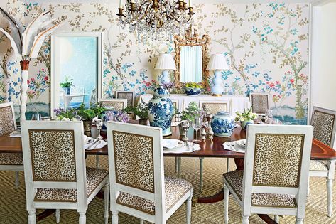 See How This Gorgeous Atlanta Home Stays In This Family Asian Dining Room, Wallpaper Dining Room, Wallpaper Dining, Grandmillenial Style, Fabric Covered Walls, Grand Millennial Style, Chippendale Chairs, Southern Decor, Stylish Dining Room