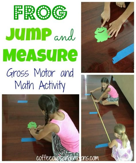 Frog Jump! A math measurement and gross motor and activity. I'm thinking we could adapt this by using those plastic jumpy frogs/bunnies and measure the distance. Aba Ideas, Frog Activities, Activity For Preschool, Gross Motor Activity, Measurement Activities, Math Measurement, Gross Motor Activities, Spring Preschool, Math Activity