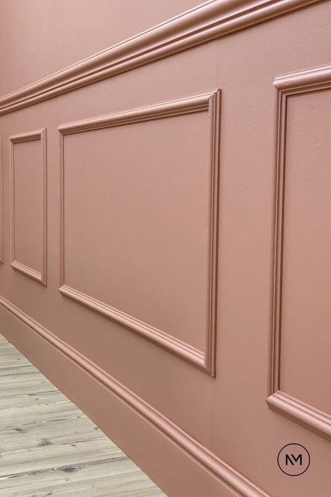 Dark Pink Panelling, Pink Wall Panelling, Noel Marquet, Pink Wainscoting, Pink Panelling, Tv Wall Panel, Chair Rails, Makeup Studio Decor, Ceiling Roses