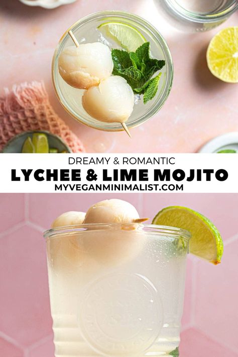 5-Ingredient Lychee Mojito (+ Virgin Option) - My Vegan Minimalist Lychee Rum Cocktail, Lychee Mojito Recipe, Lychee Boba, Mojito Virgin, Lychee Mojito, Quick Vegan Desserts, Lychee Cocktail, Blueberry Gin, Vegan Minimalist