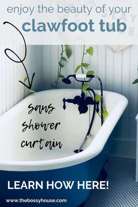 Enjoy the Beauty of Your Clawfoot Tub Sans Shower Curtain - The Bossy House. A clawfoot tub is so beautiful. Don't mess it up with a slimy shower curtain. Try the European shower! Check out The Bossy House for more ideas for organizing everything and pursuing the life you love. //thebossyhouse.com// #europeanshower #bathtub#clawfoottub #bathroomdecor #homedecor #bathroomdesign Paint Clawfoot Tub, Painted Clawfoot Tub, Clawfoot Tub Shower Combo, Clawfoot Tub Shower Curtain, Clawfoot Tub Bathroom, Clawfoot Tub Shower, Cottagecore Living, Ideas For Organizing, Stripping Paint