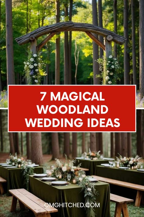 Thinking of a whimsical wedding in the woods? Check out these 7 amazing woodland wedding ideas that will make your special day unforgettable! Imagine stunning outdoor settings filled with wildflowers, rustic decorations like burlap banners, and the enchanting whispers of trees. These fun ideas will transform your ceremony into a beautiful fairytale moment where every detail counts. Don't miss out on bringing nature's magic to your celebration! Follow for more enchanting wedding inspiration! Magical Forest Wedding Fairytale, Earthy Wedding Decor, Unique Wedding Arch, Earthy Wedding Decorations, Whimsical Outdoor Wedding, Whimsical Wedding Decor, Wedding Cake Forest, Forest Wedding Reception, Woodland Wedding Ceremony