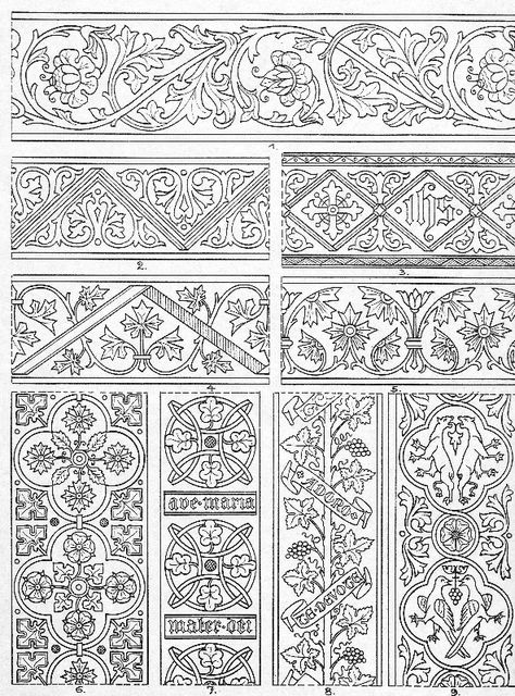 Patterns for embroidery in 200 Vorlagen für Paramentenstickereien, Joseph Braun, 1916. Patterns For Embroidery, Medieval Pattern, Medieval Embroidery, Baroque Frame, Ornament Drawing, Motif Art Deco, Medieval Art, Illuminated Manuscript, Embroidery Inspiration