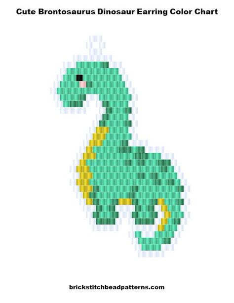 Free Cute Brontosaurus Dinosaur animal earring brick stitch seed bead weaving art graph pattern. Download the free bead pattern color chart graph, labeled color chart graph, a letter chart graph that is similar to a word chart, and a bead count list. These earrings were designed for using generic seed beads by Brick Stitch Bead Patterns Journal. Brick Stitch Dinosaur, Beaded Dinosaur Pattern, Bead Creatures, Cute Brontosaurus, Stitch Bead Pattern, Brick Stitch Pattern Earring, Beaded Critters, Seed Bead Patterns Free, Seed Bead Weaving