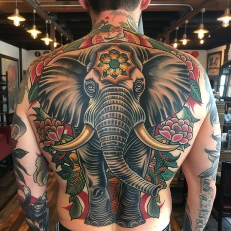 Elephant Chest Tattoo, American Traditional Elephant, Traditional Elephant Tattoo, Traditional Elephant, Elephant Tattoo Ideas, American Flag Waving, Create A Tattoo, Elephant Trunk, American Tattoos