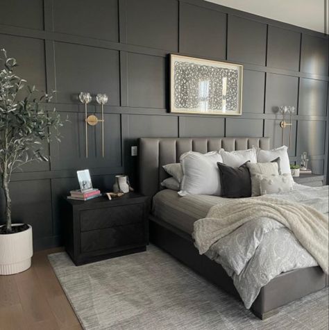 Black Panel Bedroom Ideas, Primary Bedroom With Black Wall, Dark Panel Wall Bedroom, Black Tan And Grey Bedroom Ideas, Black Bed Grey Walls, Accent Wall With Grey Headboard, Dark Charcoal Accent Wall Bedroom, Black Panelled Bedroom, Bedroom Panelling Black