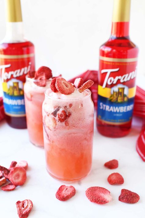 Strawberry Pink Drink Torani Cherry Syrup Recipes, Kids Pink Drink, Strawberry Soda Drink, Torani Syrup Recipes Lemonade, Strawberry Torani Syrup Recipes, Torani Strawberry Syrup Recipes, Torani Drink Recipes, Torani Syrup Recipes Drinks, Strawberry Shortcake Drink