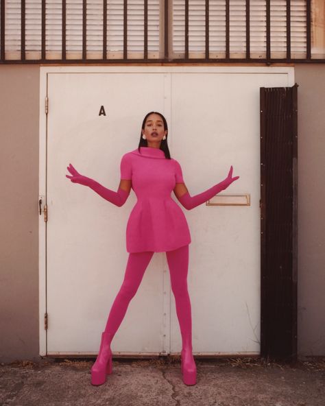 Dress And Gloves, Laura Harrier, Pink Wardrobe, Pink Tights, Dress With Stockings, Colored Tights, Seductive Clothes, Stylish Party, Tights And Boots