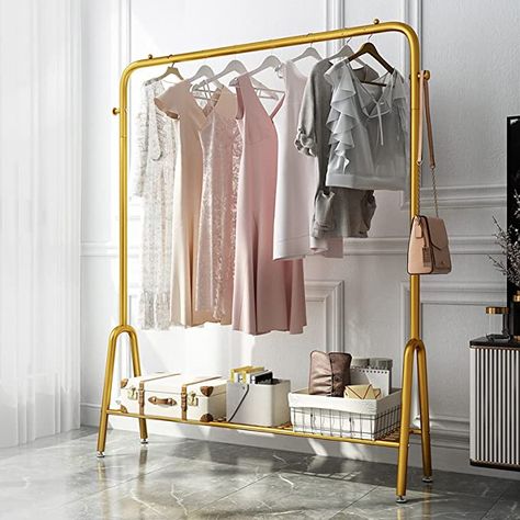 Amazon.com: Grade one Gold Garment Rack Clothes Rack Metal Heavy Duty Drying Clothing Rack Metal Shoes Bags Clothes Organizer Storage Shelves : Home & Kitchen Storing Shoes, Metal Bedroom, Free Standing Shelves, Modern Coat Rack, Hall Stand, Garment Rack, How To Store Shoes, Regal Design, Standing Shelves