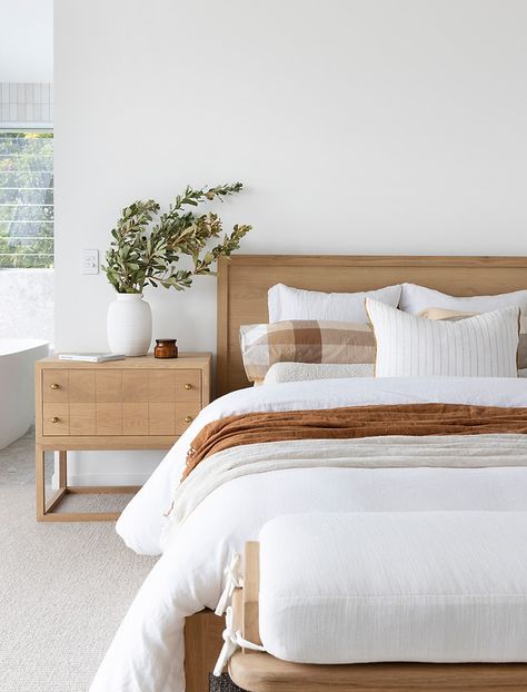 Villa Styling | The Design Villa | Queensland Timber Bed Styling, Timber King Bed, Super King Bed Styling, Light Oak Bed, Bedroom Oak Floor, Queen Bed Styling, Oak Bedroom Ideas, Light Wood Bedroom, American Bedroom Design