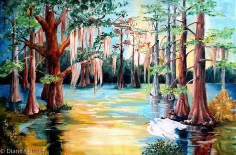 Louisiana Swamp, Cypress Swamp, Santa Paintings, Louisiana Bayou, Beautiful Landscape Paintings, Abstract Tree Painting, Louisiana Art, New Orleans Art, Landscape Painting Tutorial