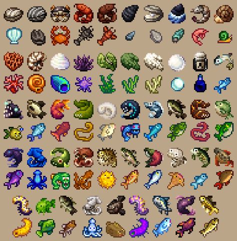 Spring Fish Stardew Valley, Stardew Pixel Art, Stardew Legendary Fish, Stardew Valley Fish Prices, Stardew Fishing, Minecraft Sprites, Minecraft Items, Stardew Mods, Star Rings