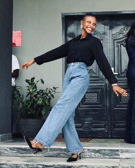 Grateful to be living in moments, I used to pray for. 🥹💕 📸: @wanimiiii . . . . . . . #imnotluckyimloved #pixiegirly Black Shirt Blue Jeans, Casual Sunday Outfit, Hemming Jeans, Sunday Outfit, Designer Heels, Jeans Black, Black Outfit, Flannel Shirt, Black Heels