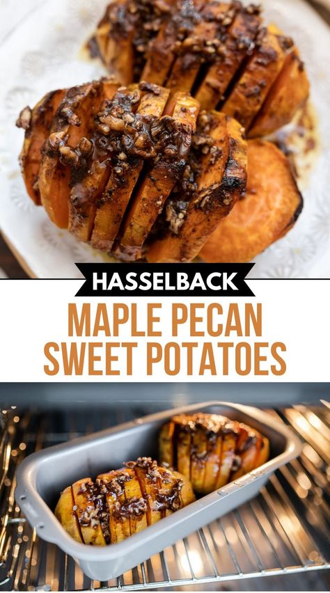 Here is a Hasselback Maple Pecan Sweet Potatoes Pecan Sweet Potatoes, Maple Pecan Sweet Potatoes, Thanksgiving Sweet Potato Casserole, Hasselback Sweet Potatoes, Low Carb Potatoes, Sweet Potato Thanksgiving, Maple Butter, Cinnamon Butter, Fall Dishes