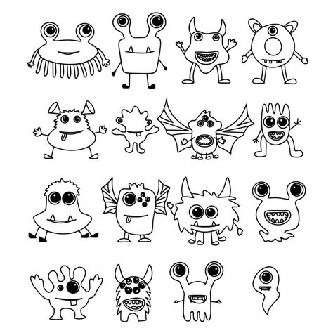 Big collection of doodle monsters. Hand drawn, funny, cute, scary monsters. Big set monsters. Vector illustration. Monster Doodles Easy, Cryptid Doodles, Cute Monster Doodles, Lunchbox Doodles, Weather Journal, Monster Doodles, Totem Ideas, Monsters Drawings, Monsters Inc Boo