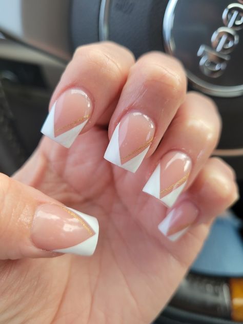 V Tip French Nails Short, V Cut French Tip Nails Short, V Shape French Tip Nails Short, V Shaped French Tip Nails Short, Nail With Gold Line, French Nail With Gold, French Tips With Gold Line, Slanted French Tip Nails, Nails Gold Line