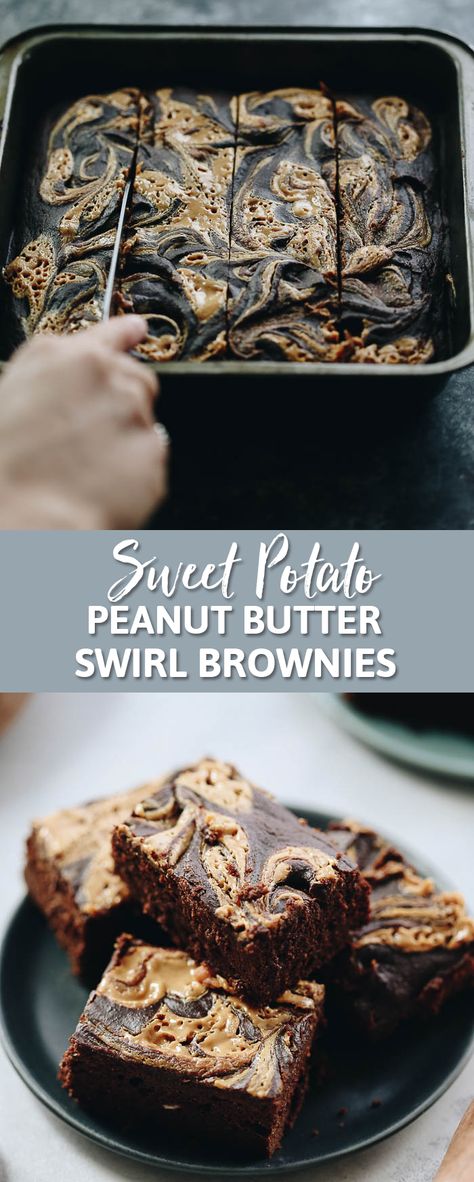 Your dessert just got a serious upgrade with these sweet potato peanut butter swirl brownies! Naturally sweetened with sweet potato and perfectly paired with peanut butter, this sweet treat will up your dessert game ASAP. Sweet Potato Dessert Recipes, Sweet Potato Peanut Butter, Chewy Chocolate Brownies, Peanut Butter Swirl Brownies, Sweet Potato Dessert, Peanut Butter Squares, Potato Brownies, Butter Brownies, Swirl Brownies