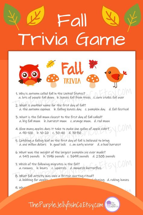 Fall trivia game for kids and adults. Instant download. Fall trivia game sheet with cute autumn themed clipart shown on fall colored orange background. Fun fall game for kids and adults! Great as a fall classroom activity, for a fall unit study, or as a fall party game! Great game for work or classroom activity. Fun for kids, teens, adults and seniors! 10 fall themed trivia questions with answer key. Print at home. Fall Unit Study, Fall Trivia, Trivia For Seniors, School Fall Festival, Fall Classroom Activities, Fall Party Games, Fall Birthday Party, Autumn Activity, Office Party Games