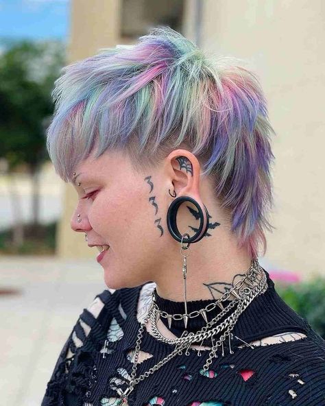 edgy-rainbow-mohawk-for-women Short Mullet Hairstyles For Women, Mohawk Hair Styles For Women, Mushroom Style Haircut, Mohawk Hair Color Ideas, Mohawk Unstyled, Mohawk On Women, Trendy Haircuts For Short Hair 2023, Rainbow Mullet Hair, Growing Out A Mohawk For Women