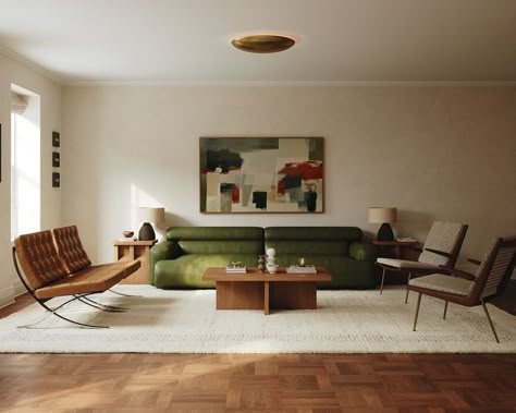 Eclectic Minimalism, Green Couch Living Room, Mid Century Interior, Eclectic Living, 아파트 인테리어, Eclectic Living Room, Architecture Visualization, Apartment Inspiration, Living Room Inspo