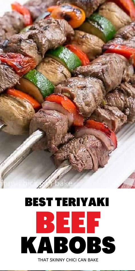 Teriyaki Beef Kabobs - Tender grilled beef and veggies steak kabobs flavored with an Asian marinade #beef #kabobs #teriyaki #beefkabobs #grilled #summermeal #bestangusbeef #BBQ #thatskinnychickcanbake Teriyaki Kabobs, Shish Kabobs Marinade, Beef Shish Kabob, Beef Kabob Marinade, Beef And Veggies, Asian Marinade, Teriyaki Steak, Beef Teriyaki, Outdoor Cooking Recipes