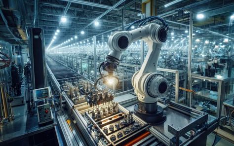 Robot Arms on Fully Automated Assembly Line Inside Modern Electronics Factory royalty free stock photo Robot Factory, Robotic Automation, Power Energy, Assembly Line, Industrial Automation, White Stone, Thundercats, Car Wash, Habitat