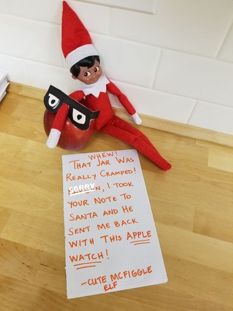 One of my kids asked the elf on the shelf to remind Santa about her apple watch. Here's the elf's reply #pun Elf On The Shelf Pranks On Dad, Elf On The Shelf Apple Watch, Elf 2023, Elf Writing, Easy Pranks, The Elf On The Shelf, Elf Ideas, Holiday Inspiration, Shelf Ideas