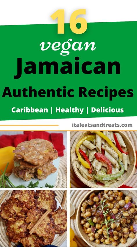 Here is a list of over 16 authentic vegan Jamaican recipes form vegan rasta pasta, Jamaican banana fritters, jamaican jerk lentils, cornmeal porridge, and jamaican steamed cabbage Jamaican Recipes Authentic, Jerk Chickpeas, Jerk Lentils, Jamaican Banana Fritters, Fritters Vegan, Cornmeal Porridge, Vegan Jamaican, Trinidadian Recipes, Rasta Pasta