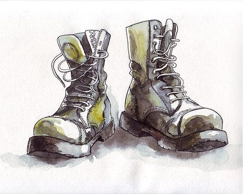 Chunky Boots Drawing, Backpack Ink Drawing, Drawing Of Boots, Boots Sketch, Cartoon Boots, Boot Drawing, Shoes Watercolor, Boots Drawing, Boots Art