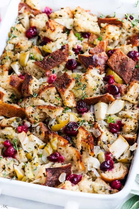 Cranberry Apple Sage Stuffing - Aberdeen's Kitchen Apple Side Dish Recipes, Apple Sage Stuffing, Turkey Sides, Make Ahead French Toast, Cranberry Stuffing, Apple Stuffing, Sage Stuffing, Homemade Stuffing, Stuffing Recipes For Thanksgiving