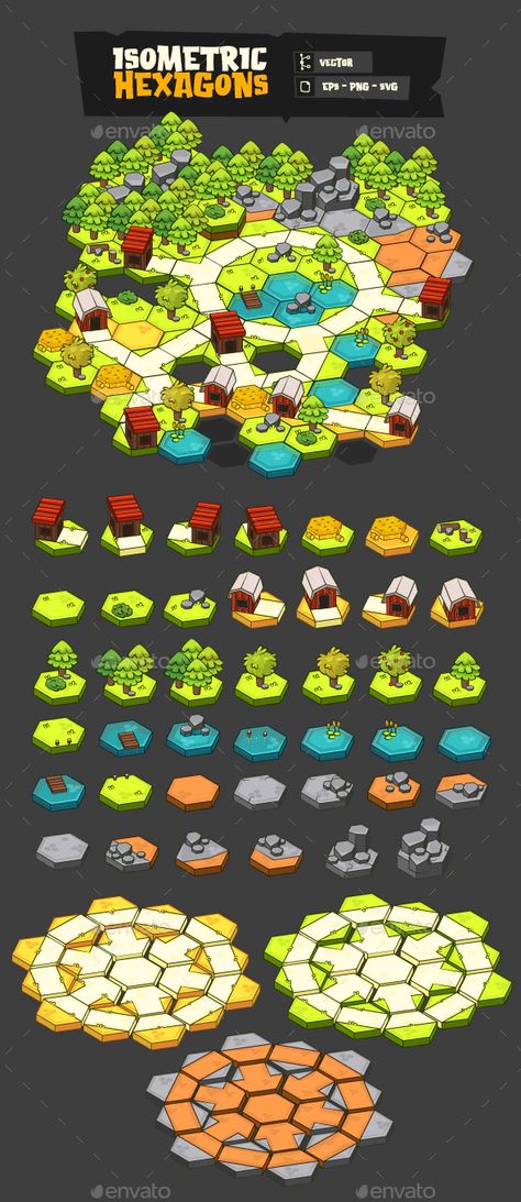 Hexagonal Isometric Tiles by Torchis | GraphicRiver Isometric Game Design, Isometric Game Map, Top Down Game Art, Isometric Game Art, Hexagonal Map, Rpg Game Design, Boardgame Design, Isometric Pixel Art, Hexagon Game