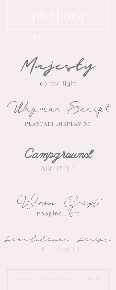 Five feminine font pairings on a pale pink background. Feminine Canva Font Pairings, Pro Canva Fonts, Canva Font Pairings For Logo, Canva Pro Font Pairing, Canva Text Combos, Canva Pairing Fonts, Canva Pro Font Combinations, Logo Design Inspiration Branding Fonts, Brand Fonts Combinations