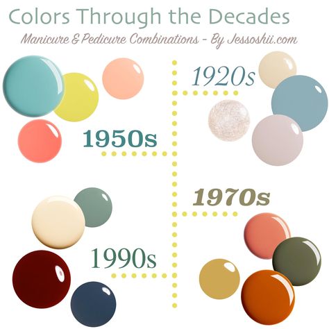 Nail polish colors by decade | Jessoshii.com #nails #nailpolish 1950s Nails, 1950s Color Palette, Nail Polish Combinations, Sns Nails Colors, Nail Color Combos, Through The Decades, Vintage Nails, Nail Polish Trends, Gel Polish Colors